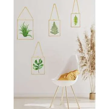 REDHUGO Hanging Pressed Flower Frames, Double Glass Floating Picture Frame Handmade, Glass Frame for Pressed Flowers, Vintage Brass Picture Frame for Artwork Wall Display Mount, Gold, 4x6 Inches