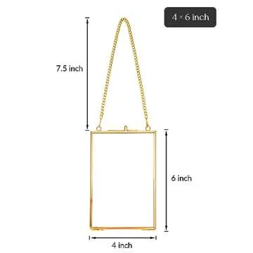 REDHUGO Hanging Pressed Flower Frames, Double Glass Floating Picture Frame Handmade, Glass Frame for Pressed Flowers, Vintage Brass Picture Frame for Artwork Wall Display Mount, Gold, 4x6 Inches