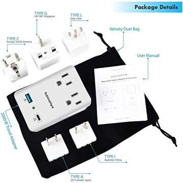 2000 W Travel Adapter Kit with USB Ports for Worldwide Use