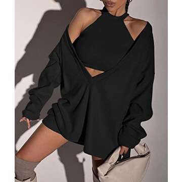 ECDAHICC Women's Two Piece Outfits Knitted Halter Neck Crop Tank Tops and Oversized Off Shoulder Deep V Neck Pullover Sweater