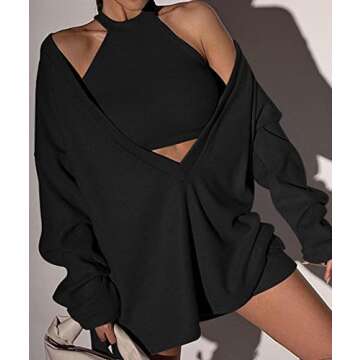 ECDAHICC Women's Two Piece Outfits Knitted Halter Neck Crop Tank Tops and Oversized Off Shoulder Deep V Neck Pullover Sweater