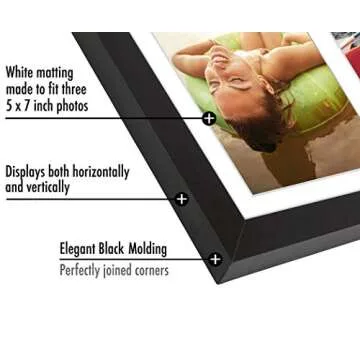 Americanflat 8x16 Collage Picture Frame with Shatter-Resistant Glass - Fits Three 5x7 Photos or One 8x16 Picture - Signature Collection - Photo Frame for Tabletop and Wall Display - Black