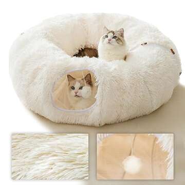 HIPIPET Winter Plush Cat Tunnel with Cat Bed for Indoor Cats,Multifunctional Cat Toys for Small Medium Large Cat.(White)