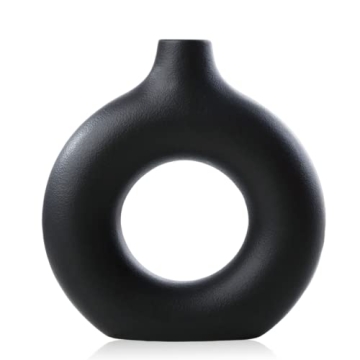 DHYXZCA Black Modern Circle Ceramic Vase, Nordic Circular Matte ​Hollow Donut Flower Vases Decorat...