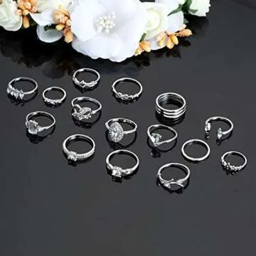 GRAEEN Silver Stackable Knuckle Rings Heart Stackable Ring Leaf Finger Ring Set Silver Stacking Rings for Women (Pack of 15)(Style 3)