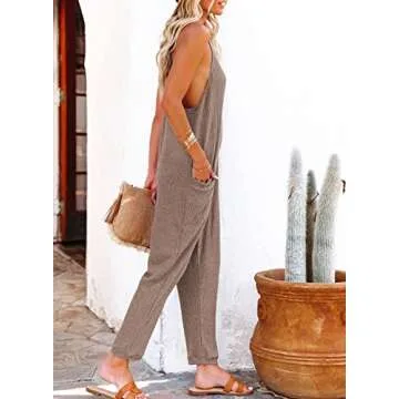 AlvaQ Womens Jumpsuits Casual Summer Long Pants Onesie Rompers Plus Size Waffle Sleeveless Loose Baggy Overalls Jumpers with Pockets 2024 Clothes Brown XX-Large