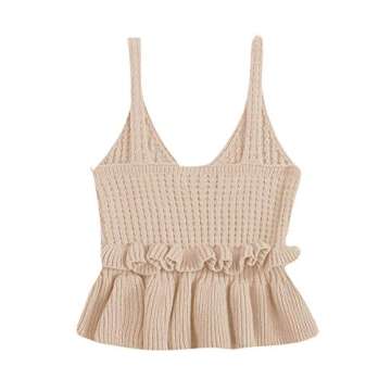 SweatyRocks Women's Casual Spaghetti Strap Ruffle Hem Peplum Cropped Knit Sweater Beige M