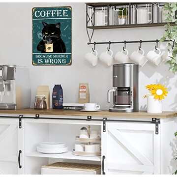 Vintage Coffee Bar Sign - "Coffee Because Murder Is Wrong" Humorous Metal Wall Decor for Coffee Station, Perfect Kitchen Sign for Coffee Lovers, 12" * 8" (912)