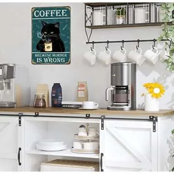 Vintage Coffee Bar Sign - "Coffee Because Murder Is Wrong" Humorous Metal Wall Decor for Coffee Station, Perfect Kitchen Sign for Coffee Lovers, 12" * 8" (912)