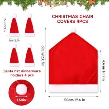 Tibroni 4 PCS Christmas Chair Covers,Santa Chair Covers and 4 Pcs Silverware Holders Christmas Dining Chair Covers Stretchy Red Xmas Chair Seat for Christmas Holiday Festival Party Decor