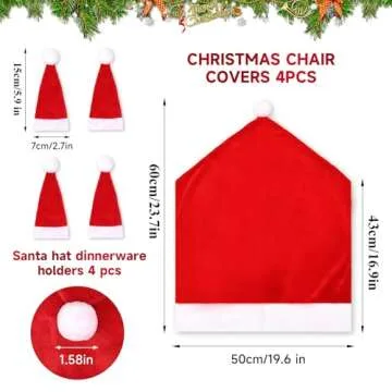Tibroni 4 PCS Christmas Chair Covers,Santa Chair Covers and 4 Pcs Silverware Holders Christmas Dining Chair Covers Stretchy Red Xmas Chair Seat for Christmas Holiday Festival Party Decor