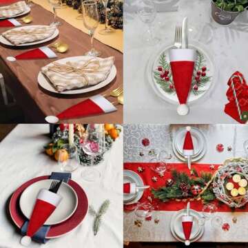 Tibroni 4 PCS Christmas Chair Covers,Santa Chair Covers and 4 Pcs Silverware Holders Christmas Dining Chair Covers Stretchy Red Xmas Chair Seat for Christmas Holiday Festival Party Decor