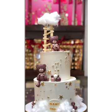 کیک تولد خرس قهوه‌ای دوطبقه کرم بیبی شاور کودک ستاره ط?...