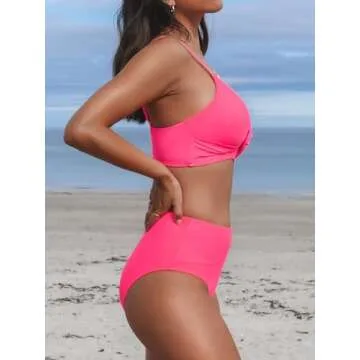 CUPSHE Bikini Sets for Women Two Piece Swimsuits High Waisted Twist Front Adjustable Spaghetti Straps V Neck Back, L Hot Pink
