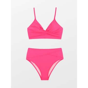 CUPSHE Bikini Sets for Women Two Piece Swimsuits High Waisted Twist Front Adjustable Spaghetti Straps V Neck Back, L Hot Pink
