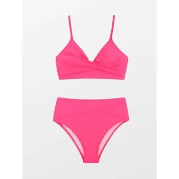 CUPSHE Bikini Sets for Women Two Piece Swimsuits High Waisted Twist Front Adjustable Spaghetti Straps V Neck Back, L Hot Pink