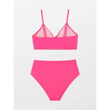 CUPSHE Bikini Sets for Women Two Piece Swimsuits High Waisted Twist Front Adjustable Spaghetti Straps V Neck Back, L Hot Pink