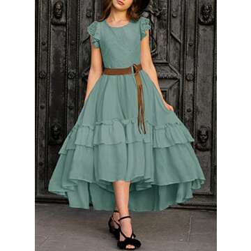 HOSIKA Flower Girl Dress Elegant Ruffle Sleeve Flowy Maxi Formal Bridesmaid Dress for Wedding Light ...
