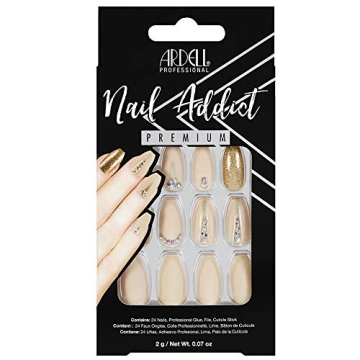 Ardell Nail Addict Premium Artificial Nail Set, Nude Jeweled Coffin Shaped With Gold Accents, 24 Pre...