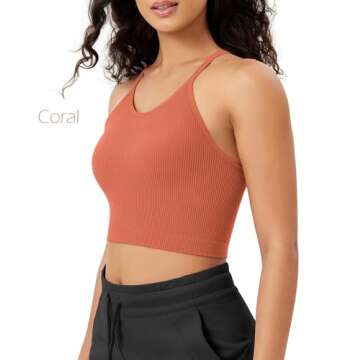 ODODOS Women's Crop Camisole 3-Pack Washed Seamless Rib-Knit Crop Tank Tops, Beige Coral Teal, Medium/Large