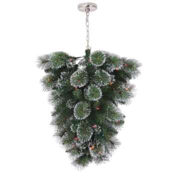 SkyX SkyPlug 3-Foot Pre-Lit Upside Down Ceiling Christmas Tree Fixture with Frosted Tips and Red Ber...