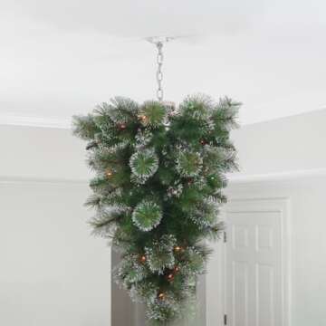 SkyX SkyPlug 3-Foot Pre-Lit Upside Down Ceiling Christmas Tree Fixture with Frosted Tips and Red Berry Ornaments