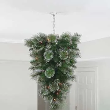 SkyX SkyPlug 3-Foot Pre-Lit Upside Down Ceiling Christmas Tree Fixture with Frosted Tips and Red Berry Ornaments