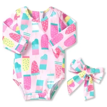 Aalizzwell Toddler Baby Girls One Piece Long Sleeve Swimsuit - Ice Cream Style for 18-24 Months
