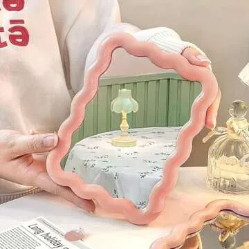 CCREDONE Wave Shaped Table Desk Vanity Makeup Mirror Portable Folding Cute Travel Make Up Mirror for Standing Hanging 6.7X5.3 Inch Home Decoration (Pink)