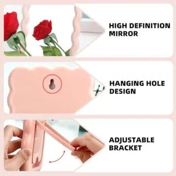 CCREDONE Wave Shaped Table Desk Vanity Makeup Mirror Portable Folding Cute Travel Make Up Mirror for Standing Hanging 6.7X5.3 Inch Home Decoration (Pink)