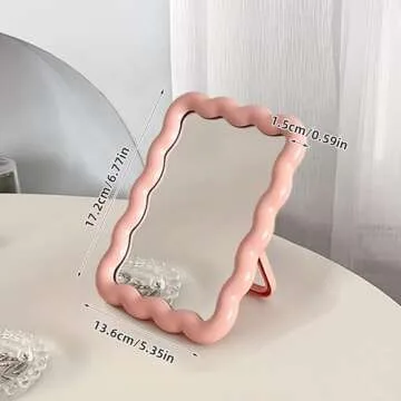 CCREDONE Wave Shaped Table Desk Vanity Makeup Mirror Portable Folding Cute Travel Make Up Mirror for Standing Hanging 6.7X5.3 Inch Home Decoration (Pink)
