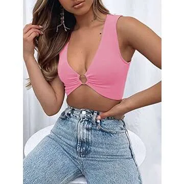 AEVZIV Sexy Crop Tops for Women Sleeveless Deep V Neck Workout Tops Plunge Ring Cleavage Cropped Tank Top Pink M