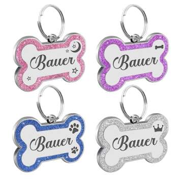 Dog Tags Personalized for Pets Dog Name Tags Personalized Dog Tag Engraved with Any Name & Text Custom Dog ID Tags Glitter Bone ID Tag for Puppy Cat (Pink S, Bone)