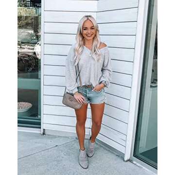 Women's Casual V Neck Long Sleeve Waffle Knit Off Shoulder Top Loose Pullover Sweater Light Grey Small