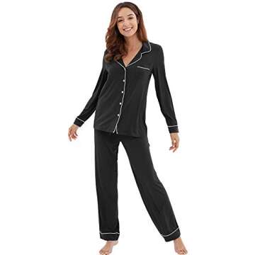 WiWi Viscose from Bamboo Pajamas Set for Women Soft Long Sleeve Button Down Sleepwear Plus Size Pj Lounge Sets S-3X, Black, Medium