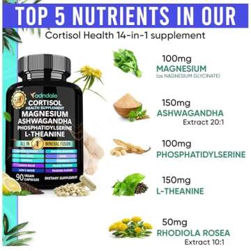 14-in-1 Cortisol Health Supplement with Ashwagandha, Magnesium Glycinate, Rhodiola, L-Theanine, Holy Basil & More. Cortisol Supplements for Women Support Stress Management & Stamina. 90 Capsules.