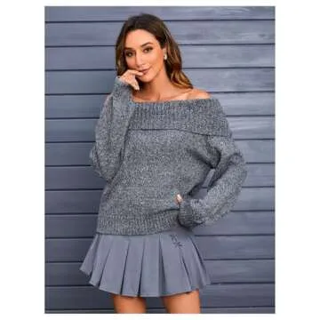 MakeMeChic Women's Off The Shoulder Sweater Oversized Long Sleeve Off Shoulder Sweaters Tops Dark Grey Medium