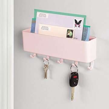 mDesign Plastic Wall Mount Mail and Key Holder with 5 Hooks, Hanger Rack Shelf for Home Entryway, Mu...
