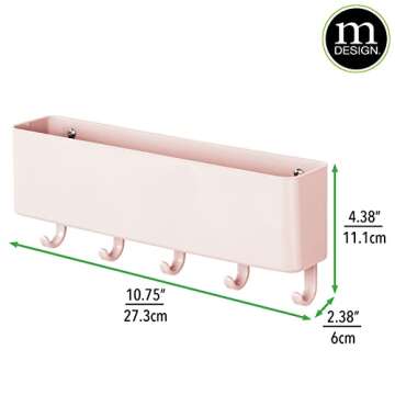 mDesign Plastic Wall Mount Mail and Key Holder with 5 Hooks, Hanger Rack Shelf for Home Entryway, Mudroom, Kitchen, Hold Letters, Cards, Magazines, Coats, Umbrellas, Ligne Collection - Light Pink