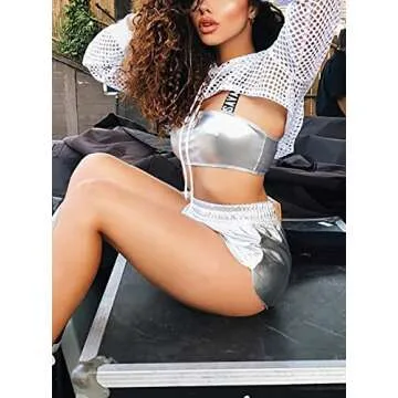 Velius Womens Sexy Mesh Fishnet Hollow Out Long Sleeve Crop Top Hooded Shirts (Small, White)