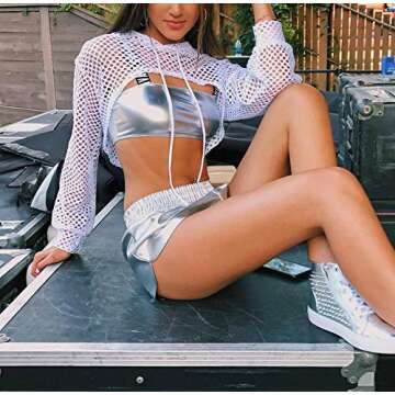 Velius Womens Sexy Mesh Fishnet Hollow Out Long Sleeve Crop Top Hooded Shirts (Small, White)