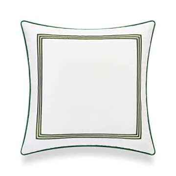 Hofdeco Premium Coastal Patio Indoor Outdoor Pillow Cover Only, 20"x20" Water Resistant for Backyard, Couch, Green Embroidered Square Line