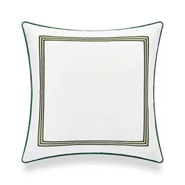 Hofdeco Premium Coastal Patio Indoor Outdoor Pillow Cover Only, 20"x20" Water Resistant for Backyard, Couch, Green Embroidered Square Line