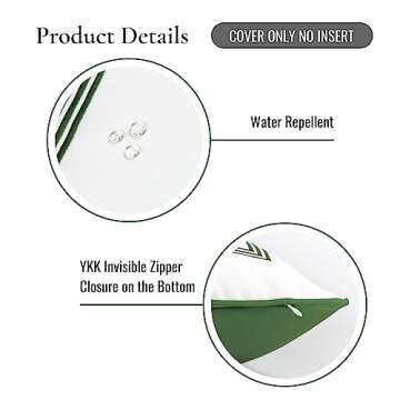 Hofdeco Premium Coastal Patio Indoor Outdoor Pillow Cover Only, 20"x20" Water Resistant for Backyard, Couch, Green Embroidered Square Line