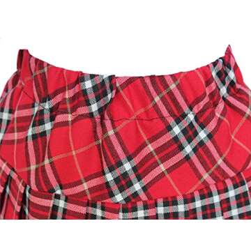 Women's Short Plaid Elasticated Pleated Skirt School Uniform, Red Mixed White, Medium