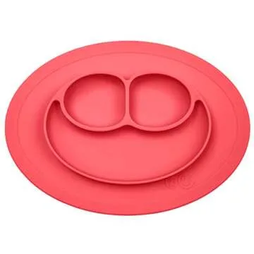 ezpz Mini Collection Set (Coral) - 100% Silicone Cup + Straw, Fork, Spoon & Mini Mat Suction Plate with Built-in Placemat for Infants + Toddlers - First Foods + Self-Feeding - 12 Months+