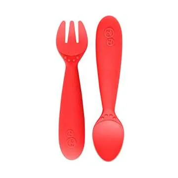 ezpz Mini Collection Set (Coral) - 100% Silicone Cup + Straw, Fork, Spoon & Mini Mat Suction Plate with Built-in Placemat for Infants + Toddlers - First Foods + Self-Feeding - 12 Months+
