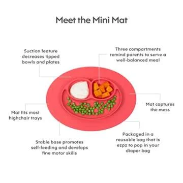 ezpz Mini Collection Set (Coral) - 100% Silicone Cup + Straw, Fork, Spoon & Mini Mat Suction Plate with Built-in Placemat for Infants + Toddlers - First Foods + Self-Feeding - 12 Months+