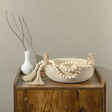 Paulownia Wood Bowl Rustic Wooden Dough Bowl for Decor Decorative Round Serving Key Bowl with Rope Handle and Wood Bead Garland for Christmas Tabletop Centerpiece Home Decor 9.5 inches