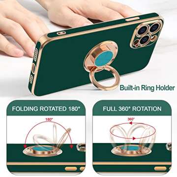 Hython for iPhone 13 Pro Max Case with Ring Stand [360°Rotatable Ring Holder Magnetic Kickstand] [Plated Rose Gold Edge] Slim Soft TPU Cover Luxury Protective Phone Case for Women Men, Midnight Green